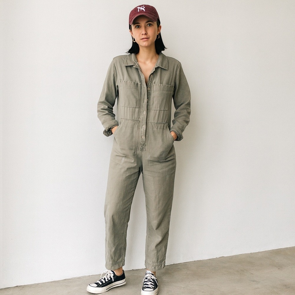 Ilana Kohn Tia Coveralls Womens 0 Gray Cotton Long Sleeve Button Front Utility